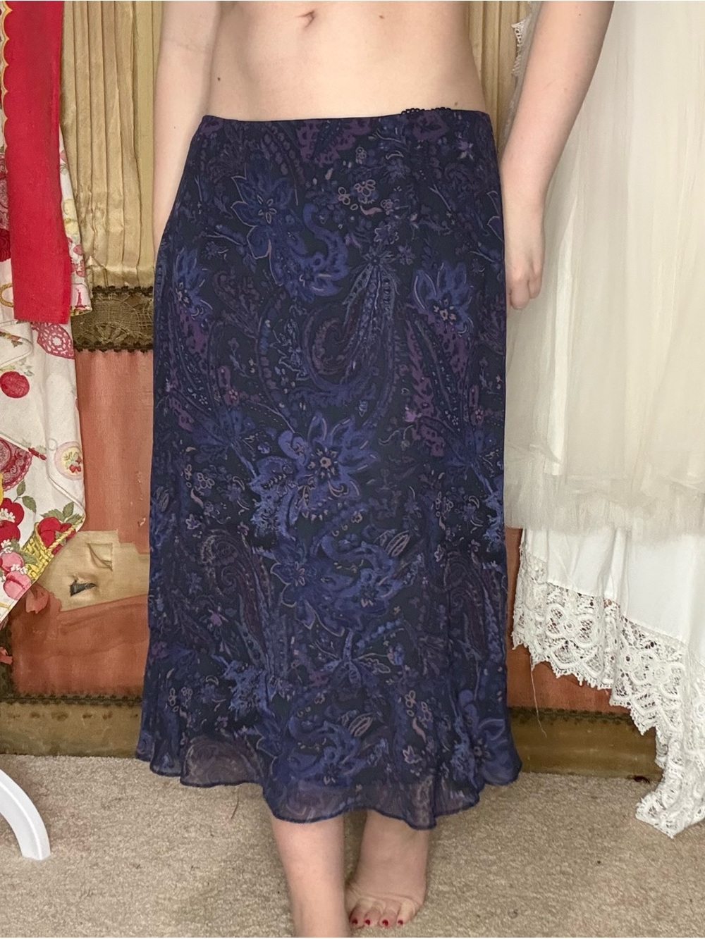 Vintage 90’s Midnight Floral Paisley Midi Skirt - Navy/Purple